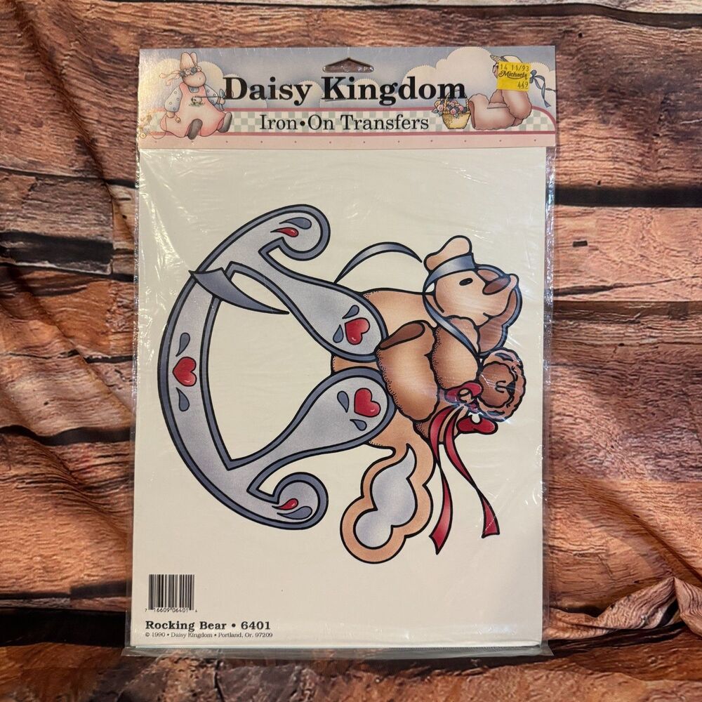 Vintage 1990 Daisy Kingdom Rocking Bear Iron-On Transfer 6401 Teddy Hearts NIP